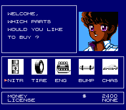 Formula One: Built to Win (NES) screenshot: Car upgrade shop
