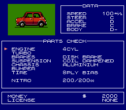 Formula One: Built to Win (NES) screenshot: Car check -- see your car's current stats