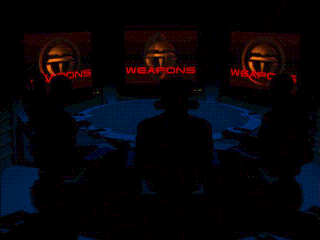 Defcon 5 (DOS) screenshot: Intro cinematic: 3 mysterious guys are discussing your mission.