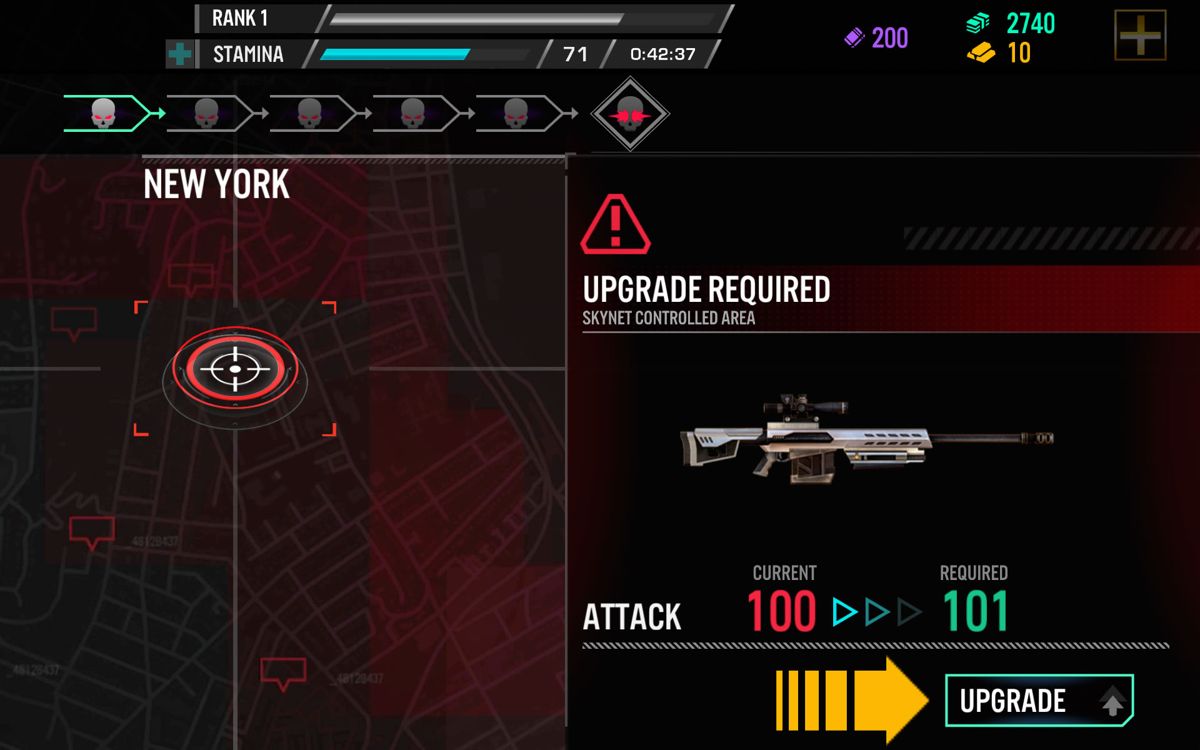 Terminator Genisys: Revolution (Android) screenshot: You can only start this mission after an upgrade.