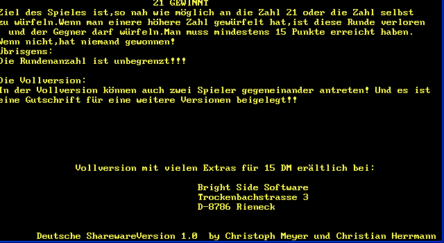 21 Gewinnt (DOS) screenshot: Info screen