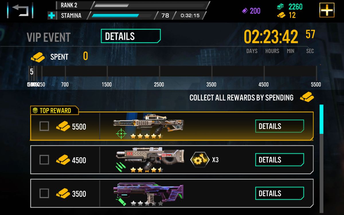 Terminator Genisys: Revolution (Android) screenshot: Spend gold to earn rewards in the VIP events.