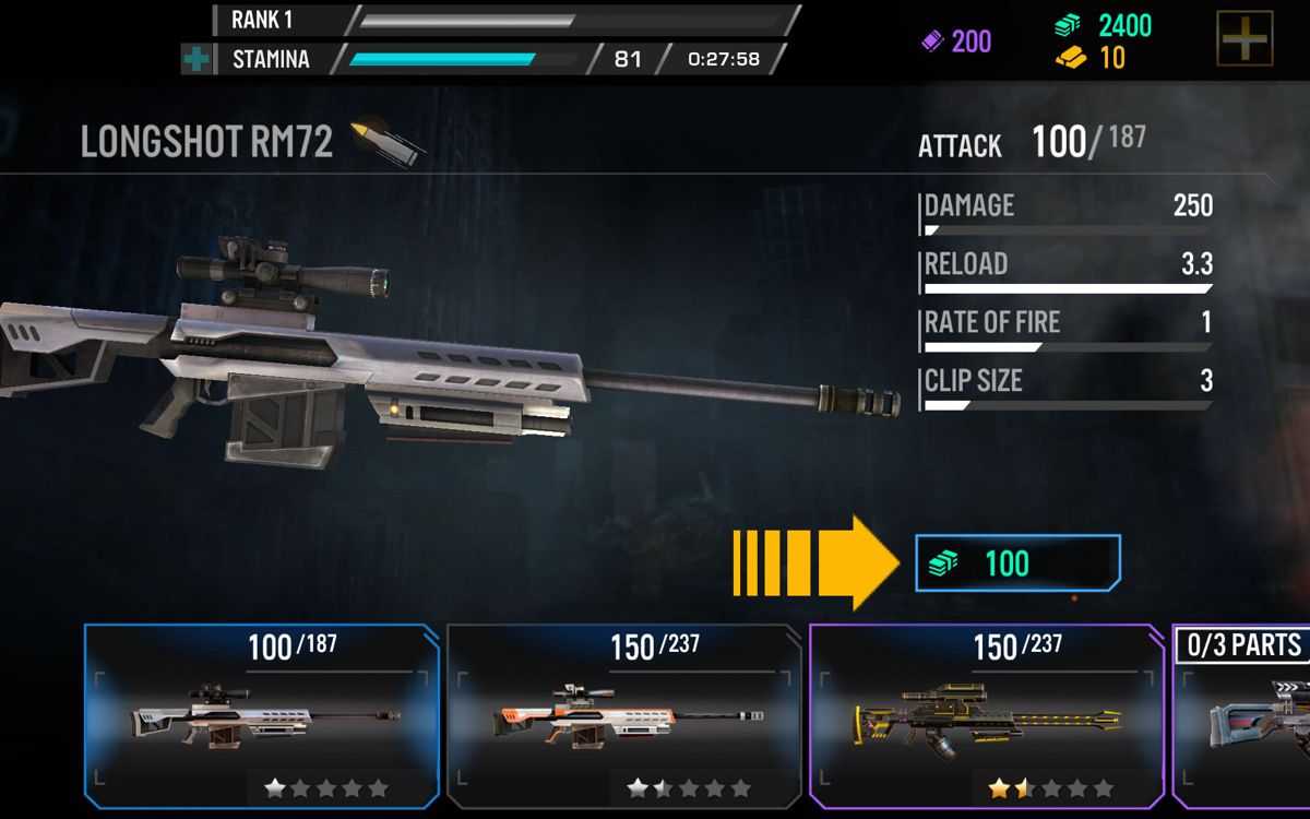 Terminator Genisys: Revolution (Android) screenshot: Buying a sniper rifle.