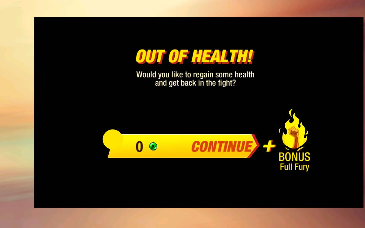 Bruce Lee: Enter The Game (Android) screenshot: Out out health ... but you can buy your way back.
