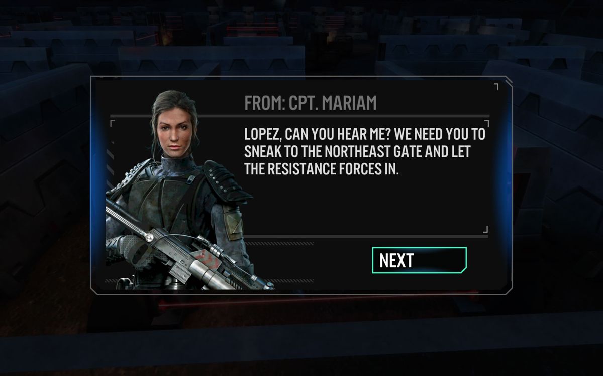 Terminator Genisys: Revolution (Android) screenshot: Cpt. Mariam is your main contact in the first chapter.