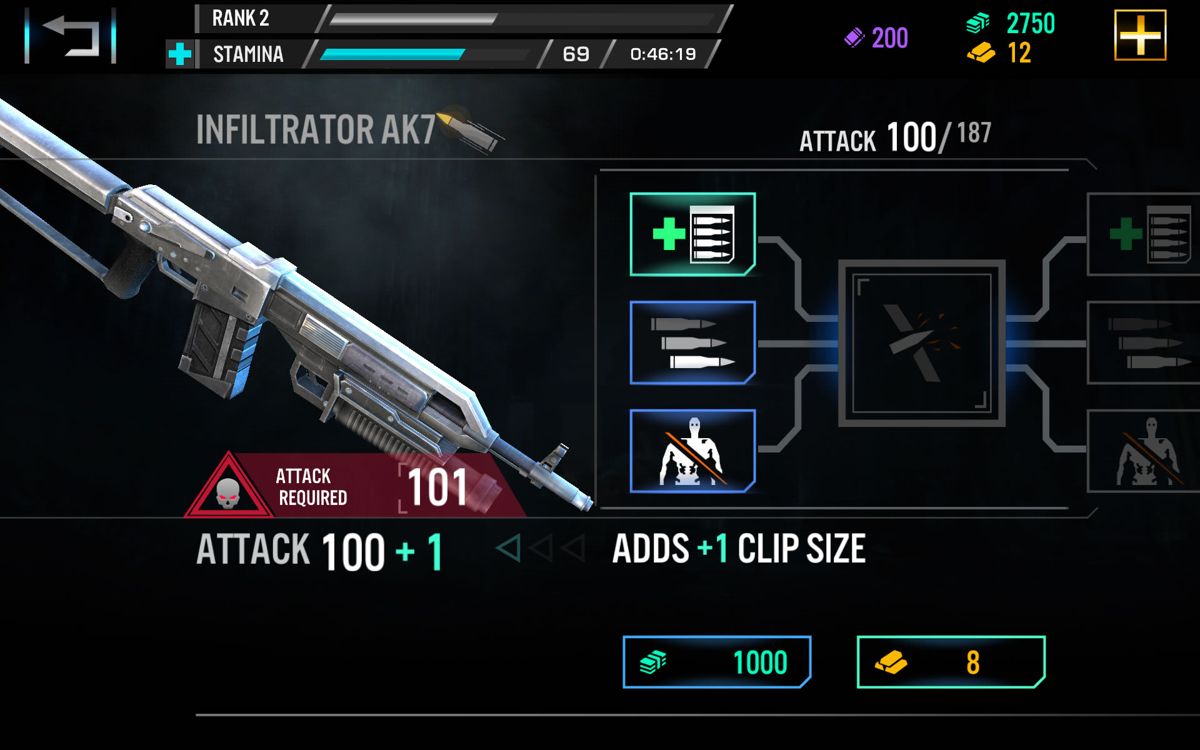 Terminator Genisys: Revolution (Android) screenshot: Weapon upgrade screen