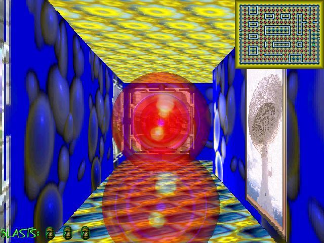 Zap Zilden (Windows) screenshot: Playing in 3D mode.<br>The player flips between 2D and 3D by pressing the ENTER key<br> Much of the 3D game is spent looking at a wall or a pill in close-up