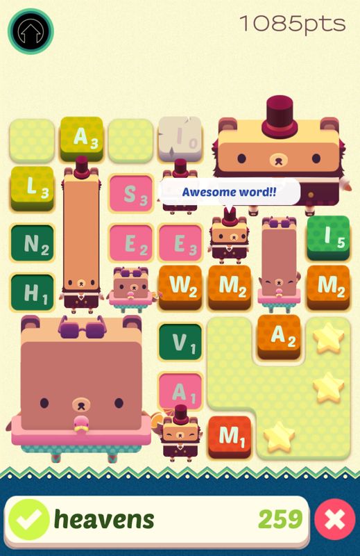 Alphabear (Android) screenshot: The 'M' at the bottom should be used this turn or it will turn into a rock.