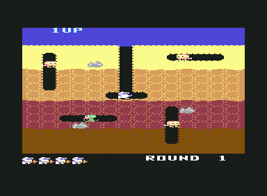 Dig Dug (Commodore 64) screenshot: Starting level 1.