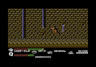 Garfield: Big, Fat, Hairy Deal (Commodore 64) screenshot: Twisting, turning, through the sewer