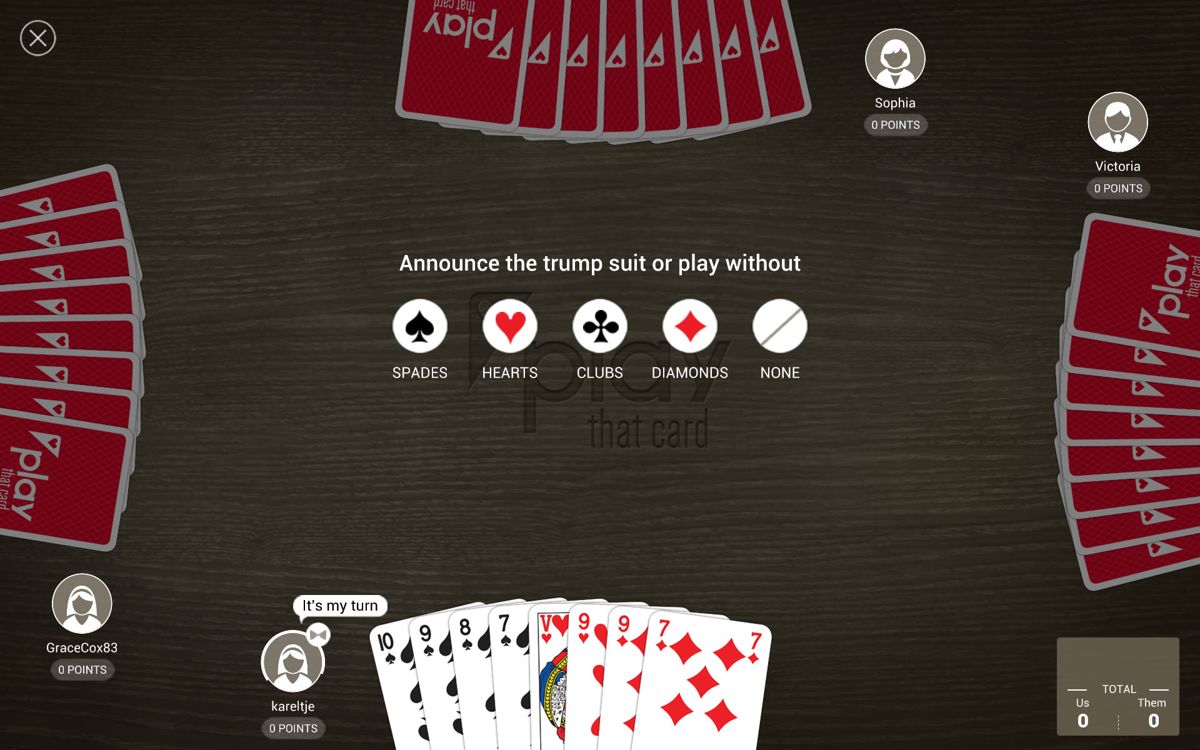 Play That Card (Android) screenshot: For Manille you can optionally choose a trump card.
