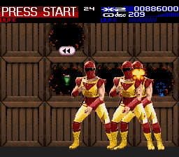Revolution X (SNES) screenshot: Some Power Ranger knockoffs drop by.