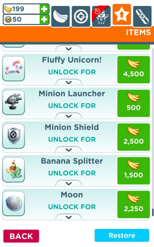 Despicable Me: Minion Rush (Android) screenshot: Unlock and upgrade items in the store in exchange for bananas.