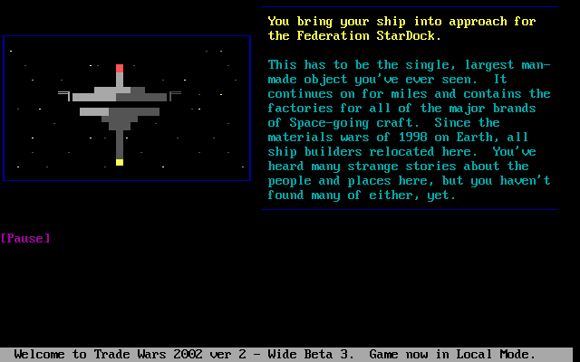 Trade Wars 2002 (DOS) screenshot: First view of the StarDock