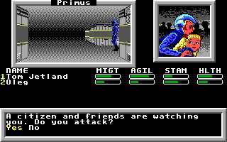 Mars Saga (DOS) screenshot: You can attack random innocent people... if you're evil.
