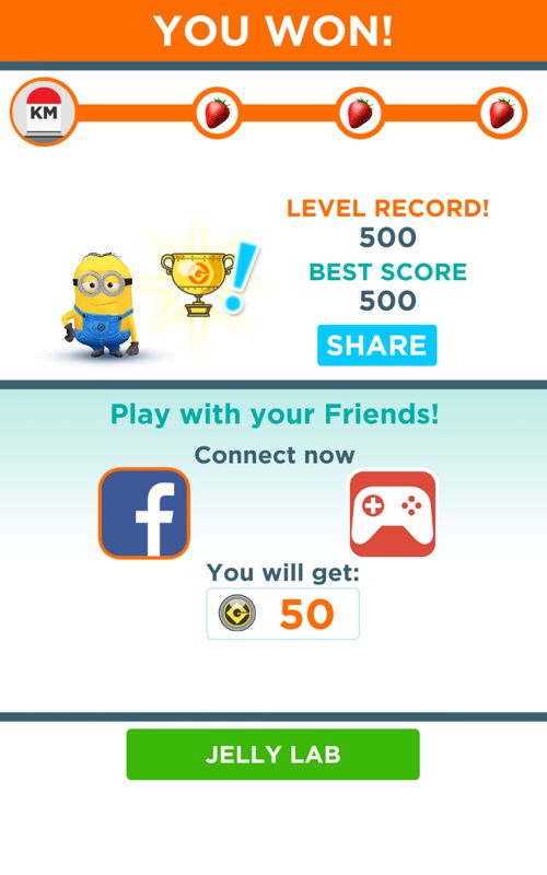 Despicable Me: Minion Rush (Android) screenshot: Level completed with a piece of fruit for each objective.