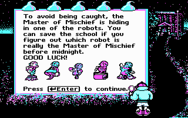 Super Solvers: Midnight Rescue! (DOS) screenshot: some of the robots you encounter - CGA