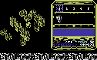 Cylu (Commodore 64) screenshot: You're constantly running out of fuel, so pick up as much as you can