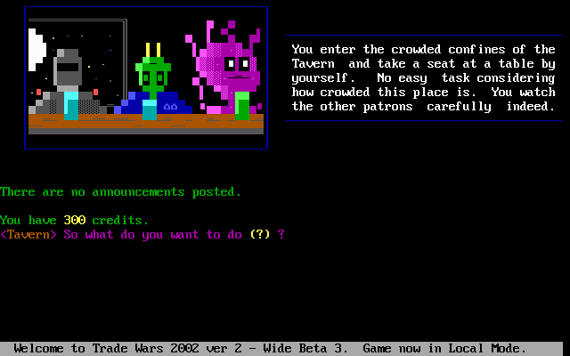 Trade Wars 2002 (DOS) screenshot: Seedy characters in the StarDock's tavern
