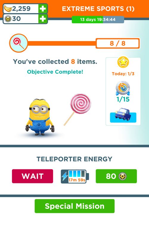 Despicable Me: Minion Rush (Android) screenshot: Result for completing a special mission.