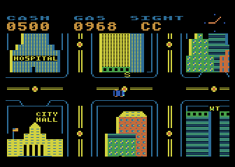 New York City (Atari 8-bit) screenshot: Driving in the city.
