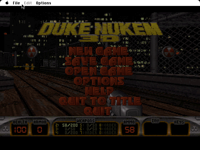 Duke Nukem 3D: Atomic Edition (Macintosh) screenshot: Main menu (demo version).