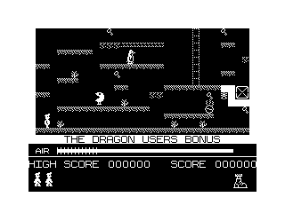 Manic Miner (Dragon 32/64) screenshot: One of the bonus levels in the Dragon version (cheat enabled)