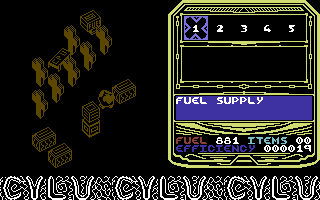Cylu (Commodore 64) screenshot: There's a chip and more fuel, but how do I get there?