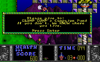 Rallo Gump (DOS) screenshot: Glump Gump threatens the citizens.