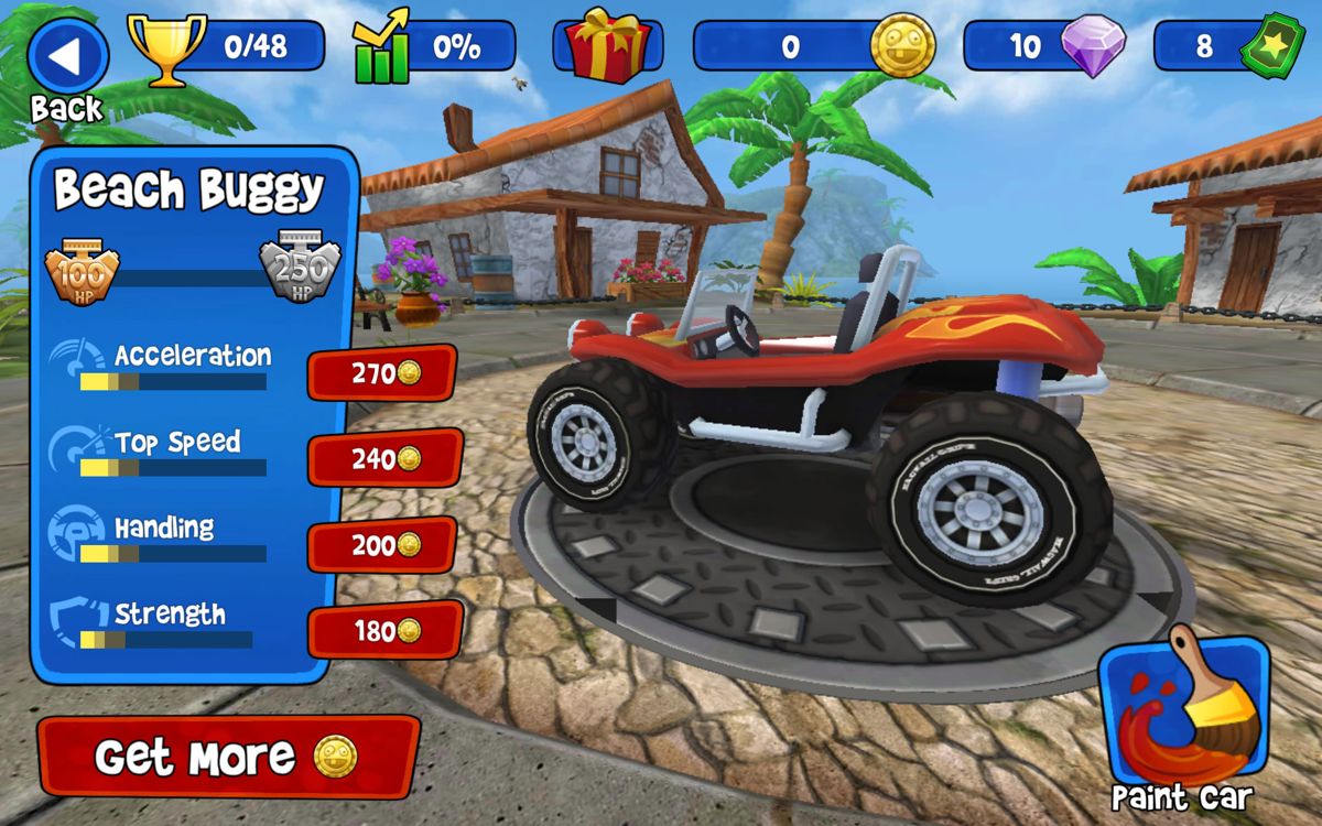 Beach Buggy Racing (Android) screenshot: Overview of a car's statistics