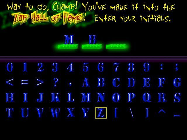 Zap Zilden (Windows) screenshot: The game only allows three initials on the high score table