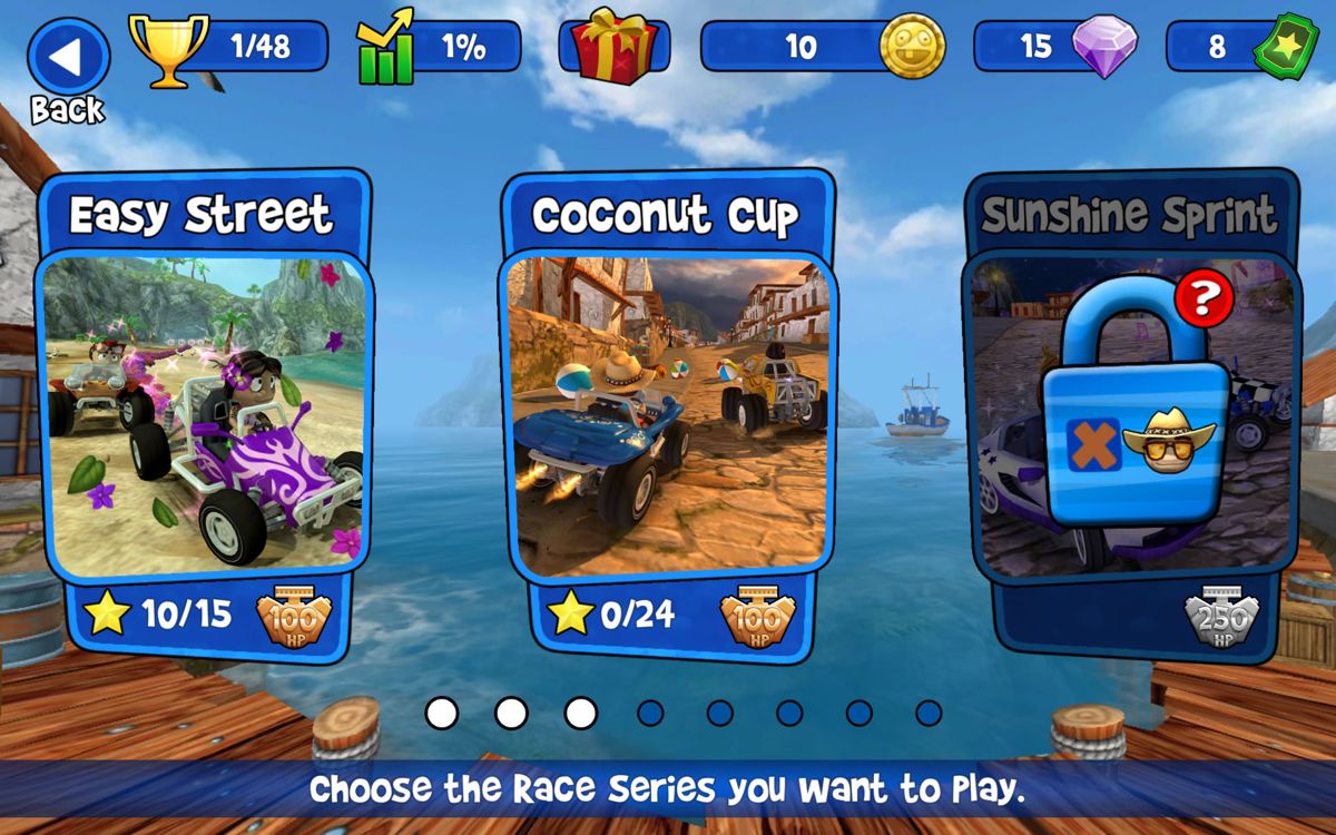 Beach Buggy Racing (Android) screenshot: Progress through the cups in the championship mode