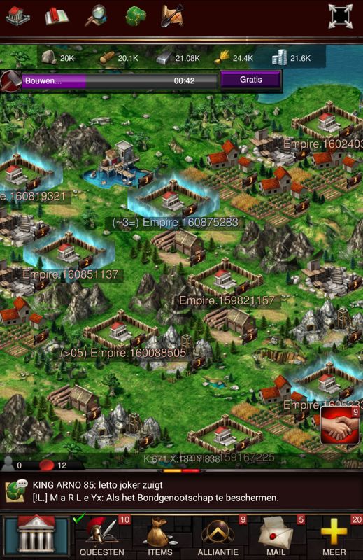 Game of War: Fire Age (Android) screenshot: Zoomed out view of my neighbours. The blue squares show an active peace shield (Dutch version).