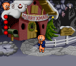 Porky Pig's Haunted Holiday (SNES) screenshot: The Haunted Woods: First stage - Every time you start the game, the season will be randomly selected so it may be Winter or Summer, Fall and Spring