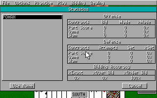 Grand Slam Bridge II (DOS) screenshot: Player's statistics at the very beginning...