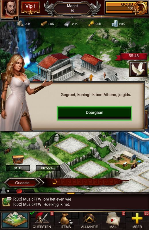 Game of War: Fire Age (Android) screenshot: The goddess Athena helps you through the early parts of the game. She is modeled after bikini model Kate Upton, who was contracted to promote the game (Dutch version).