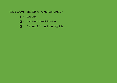 Alien (Commodore 64) screenshot: Select alien strength