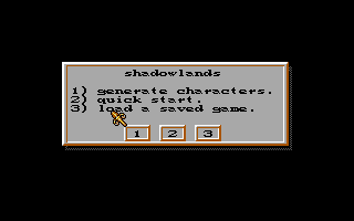 Shadowlands (DOS) screenshot: Start menu (EGA)