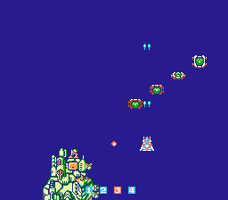 ImageFight (NES) screenshot: Those five green containers will turn into power-ups if you destroy them!