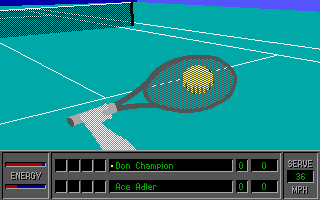 4D Sports Tennis (DOS) screenshot: 1st-person perspective (EGA)
