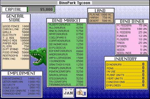 DinoPark Tycoon (Macintosh) screenshot: It's not a real tycoon game without a screen like this.