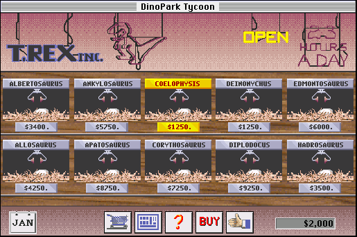 DinoPark Tycoon (Macintosh) screenshot: The dinosaur breeder, where you buy your dinosaurs from.