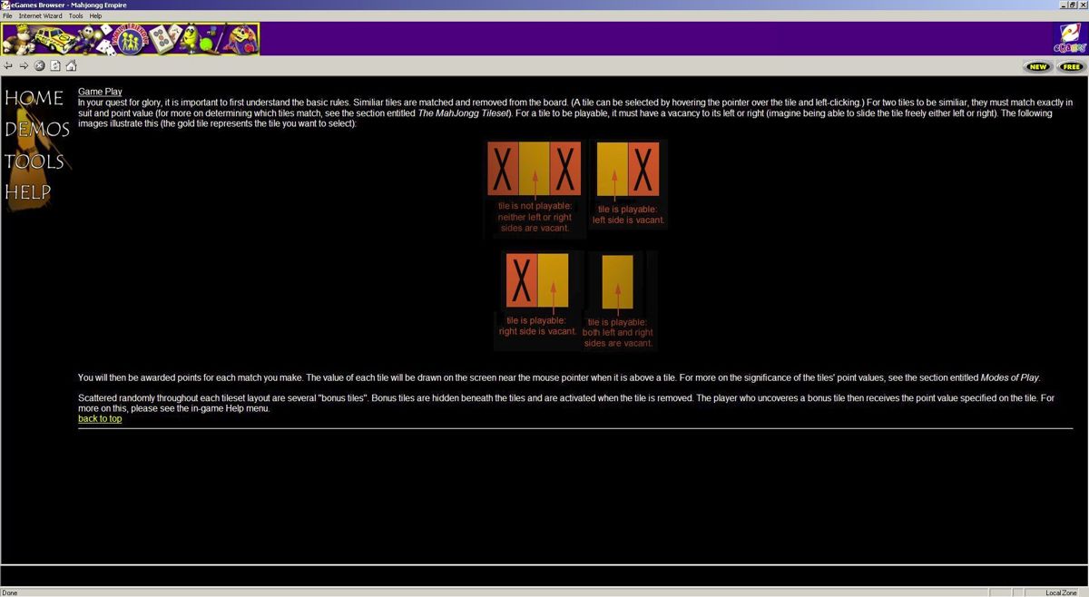 Mahjongg Empire (Windows) screenshot: The game browser can be used to launch the game and to access the game's help file