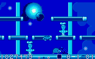 CarVup (Amiga) screenshot: Last world - sometimes you can freeze an opponent for short period