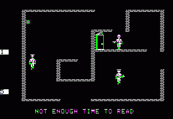 Beyond Castle Wolfenstein (Apple II) screenshot: Guards will sound the alarm if they see you or hear you shooting.