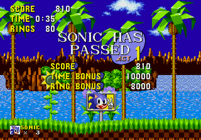 Sonic the Hedgehog (Genesis) screenshot: First stage completed