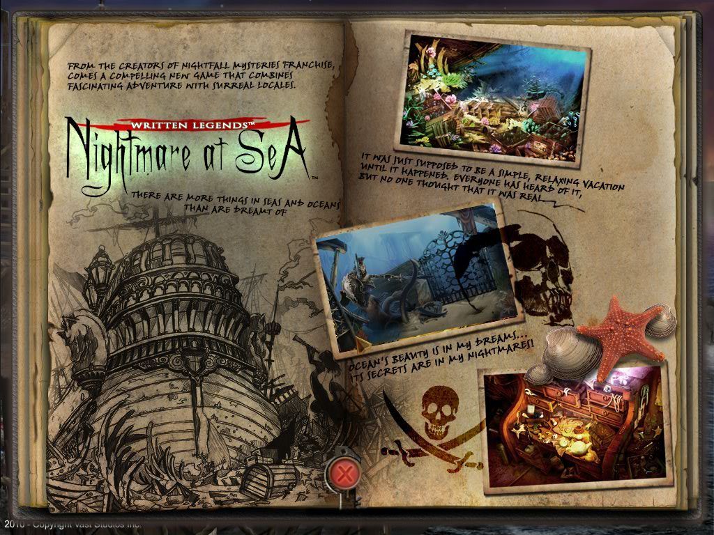 Nightfall Mysteries: Asylum Conspiracy (Premium Edition) (Windows) screenshot: The 'Sneak Peek' option from the main menu shows these pages which are a sort of trailer/concept art sketch for "Written Legends: Nightmare at Sea"