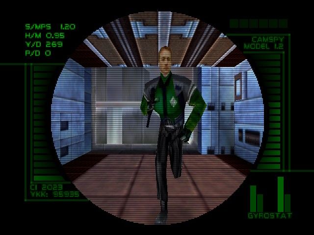 Perfect Dark (Nintendo 64) screenshot: A guard, up close and personal. Notice the circle shape while the camera is active.