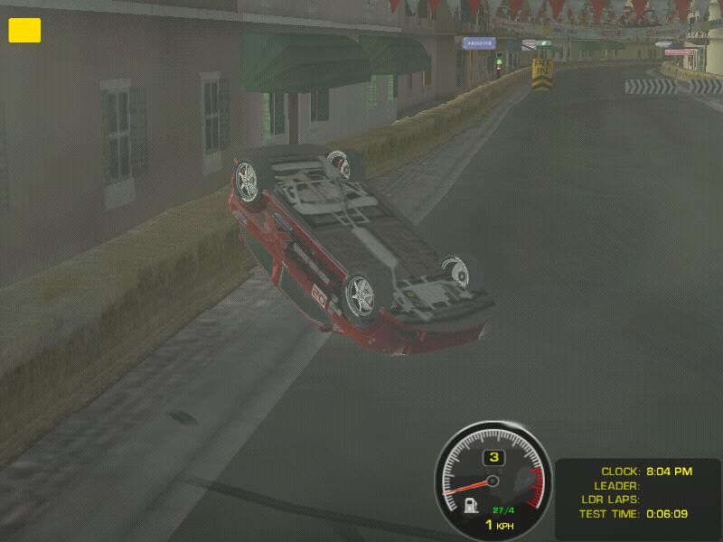 rFactor (Windows) screenshot: Underside of the car, flipped. If you see closely from the smoke, the shot doesn't look THAT well...
