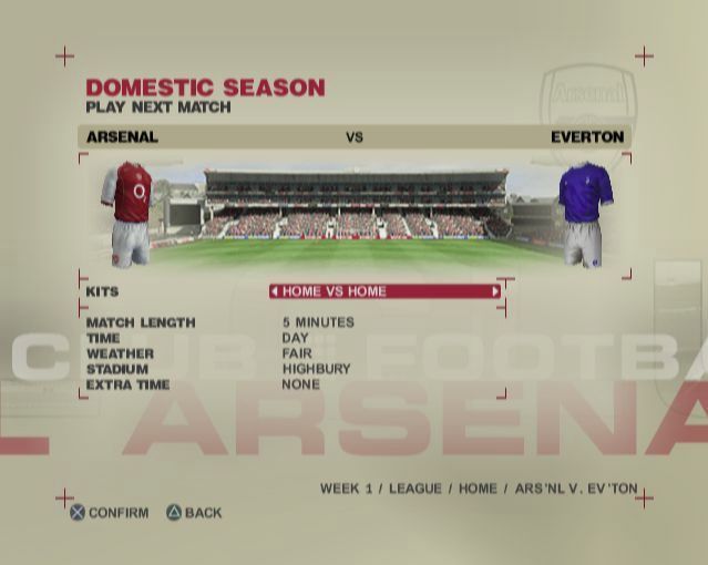 Club Football 2005 (PlayStation 2) screenshot: Arsenal<br>The first match in the domestic season is against Everton